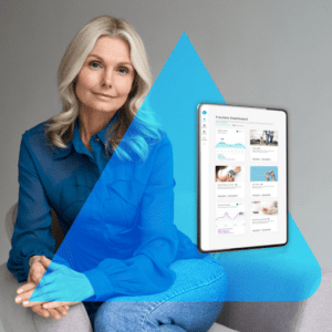 A confident woman in a blue shirt sitting with an open tablet displaying the Lifestyle Medicine Care Path eBook by Avidon Health.