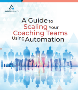 Cover of the guide titled ‘A Guide to Scaling Your Coaching Teams Using Automation’ by Avidon Health, featuring silhouettes of people and abstract geometric shapes in blue and red.