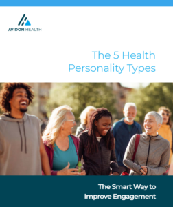 Cover of the 5 Health Personality Types Report by Avidon Health, featuring a diverse group of people smiling and walking outdoors.
