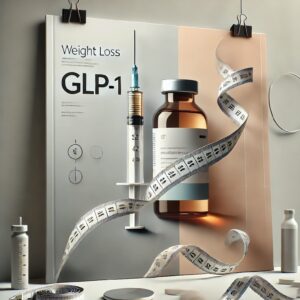 Realistic image of a syringe and a medication bottle representing GLP-1 drugs like Ozempic® and Wegovy® with a subtle background including a tape measure.