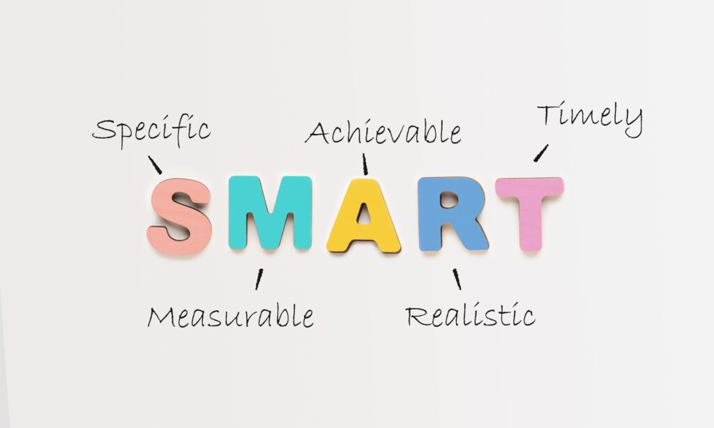 Setting SMART goals through virtual mental health coaching SMART goals diagram used in virtual mental health coaching to support progress tracking