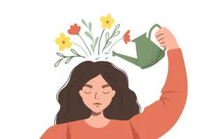 Illustration of a woman watering a plant sprouting from her head, symbolizing growth through self-care and mental wellness