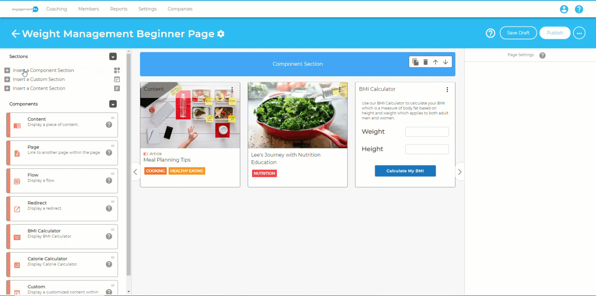 An animation demonstrating adding a section in the Engagement Rx Page Build feature.