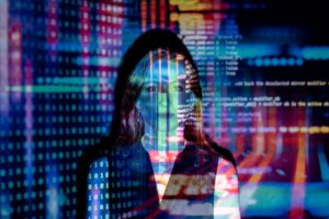 HR professional with AI and data visualization overlay representing technology in employee wellness programs