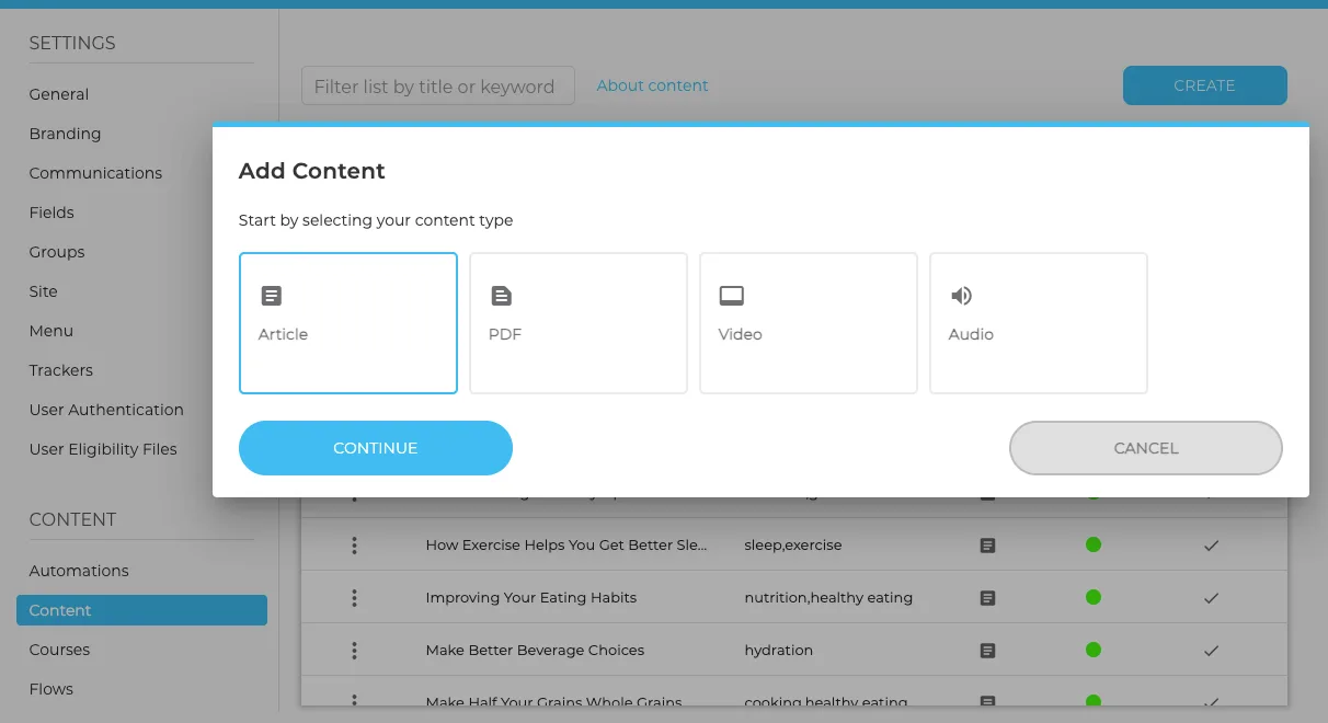 Avidon Content Manager dashboard