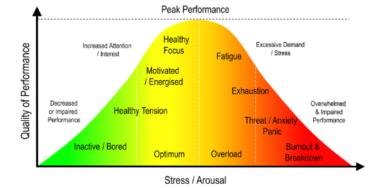 Beat Burnout and Find Flow: My Goldilocks Goal Story 1 Yerkes-Dodson stress curve used in corporate wellness coaching to illustrate peak performance at moderate stress levels