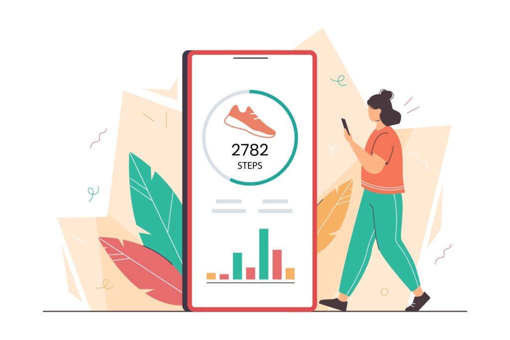 Rethinking DEI: 5 Often-Overlooked Benefits of Diversity and Inclusion 1 Illustration of a person checking wellness data on a mobile app with step tracking and health analytics