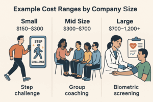 Employee wellness program cost examples by company size: Small ($150–$300) for step challenges, Mid Size ($300–$700) for group coaching, Large ($700–1,200+) for biometric screening.
