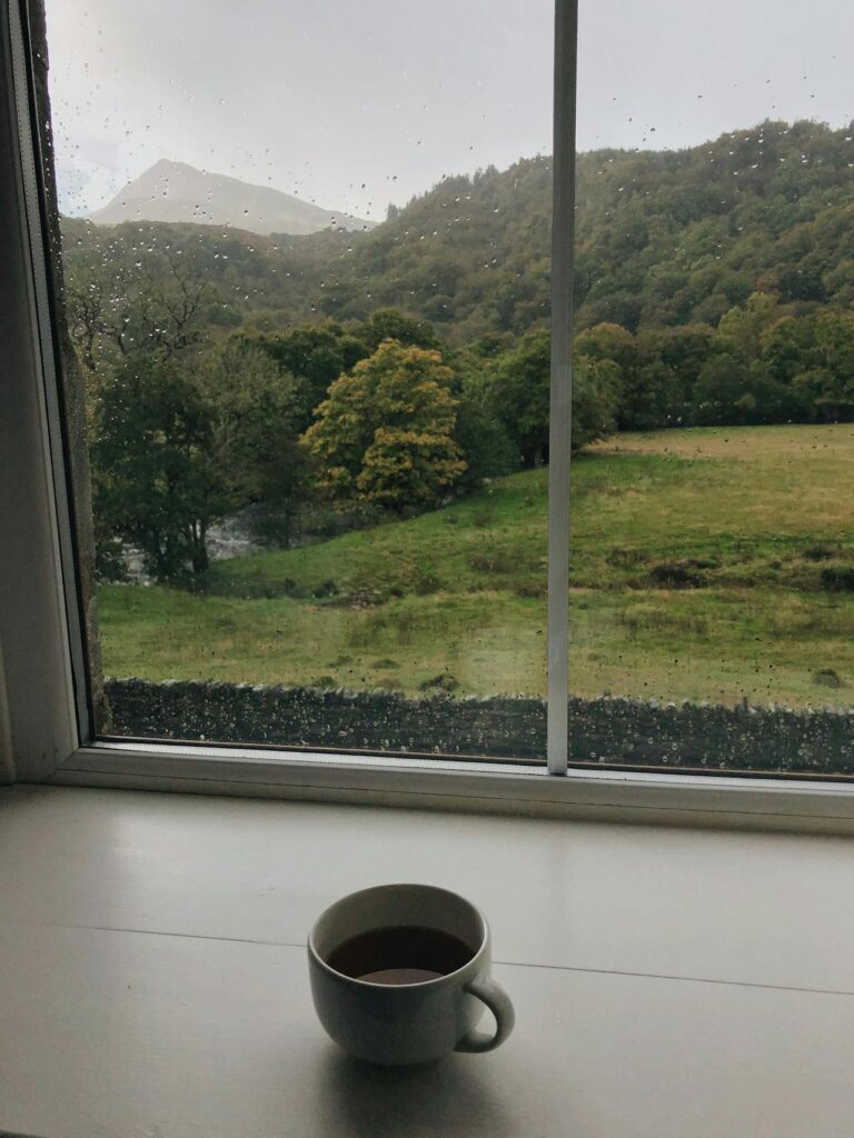 Rain-covered window revealing green hills, a river, and a cozy cup of tea on the sill.