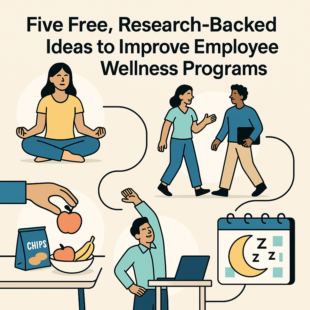 Illustration of employee wellness programs showing healthy habits like movement, gratitude, walking meetings, recognition, and focus time.