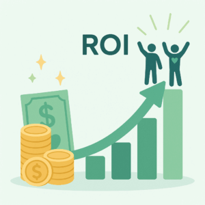 Illustration showing ROI: coins, a dollar bill, and an upward growth chart with two people celebrating—representing the business benefits of employee wellness.