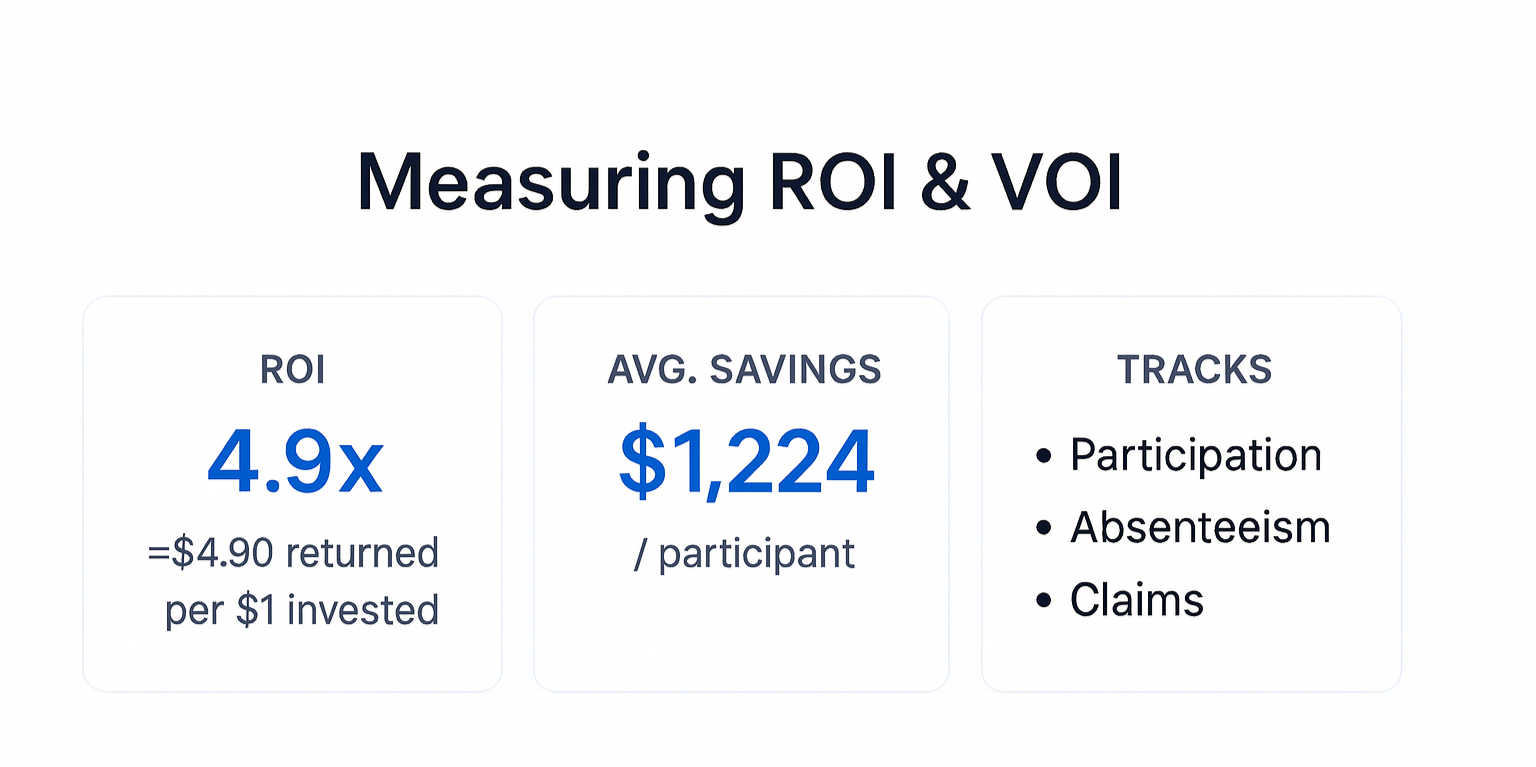 Measuring ROI & VOI—ROI 4.9× ($4.90 per $1 invested), average savings $1,224 per participant, tracks participation, absenteeism, and claims.