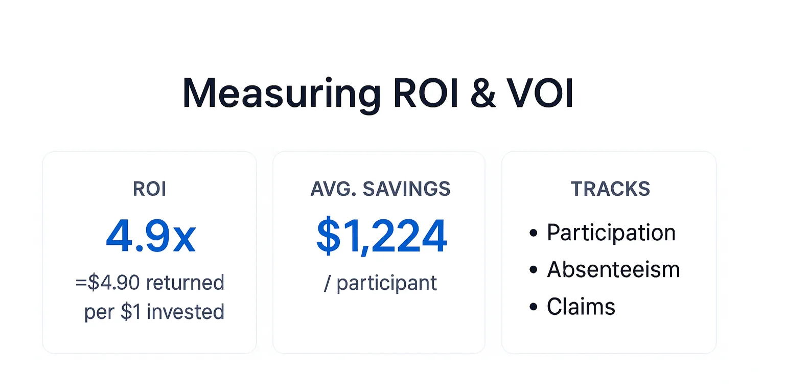 Measuring ROI & VOI—ROI 4.9× ($4.90 per $1 invested), average savings $1,224 per participant, tracks participation, absenteeism, and claims.