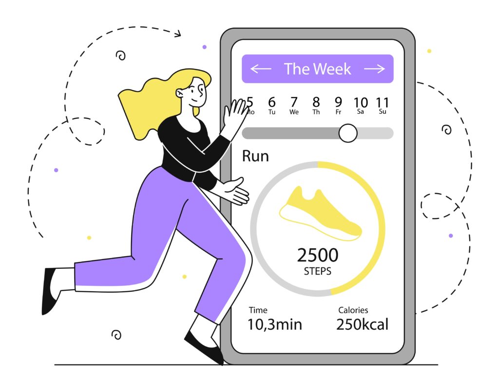 Animated illustration showing a woman jogging beside a mobile wellness tracker, highlighting habit-building and daily engagement.