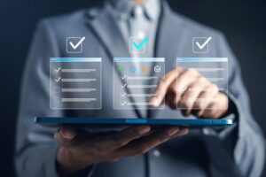 HR professional reviewing wellness program compliance checklist on tablet
