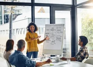 HR leader presenting a workplace stress reduction plan to her team in a bright modern office