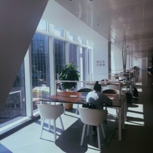 Employee working alone at a sunlit office workspace, illustrating workplace stress and isolation
