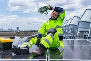 Outdoor solar technician in hi-vis gear removing his hard hat, overheated on a rooftop during extreme heat