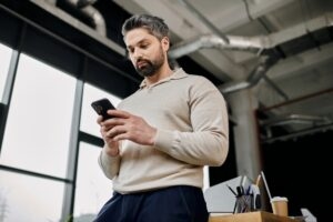 Mid-career male employee in a modern office using his smartphone during the workday