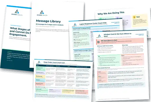 Layered previews of toolkit files: Evidence brief cover, Message Library, Lapse Response Cards, Mindset Card D, Stage Finder cheat card and a Rollout Kit slide.