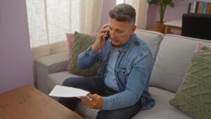 Man on his living room couch reading a letter while on the phone with his care manager