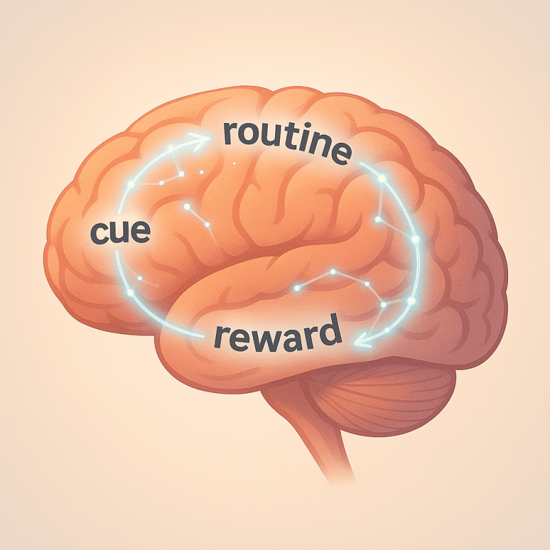 Illustration of a human brain showing the habit loop: cue, routine, reward—highlighting the neuroscience of behavior change in employees.